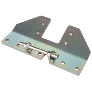 Product Description: The AGCO Shield Hinge, Left Hand - Acx2072490 is a metallic, rectangular hardware bracket featuring multiple mounting holes and a central cylindrical hinge component.