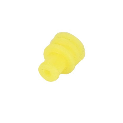 AGCO | Seal - F117551020040: A small, yellow silicone plug featuring a ridged, cylindrical shape, ideal for sealing applications.