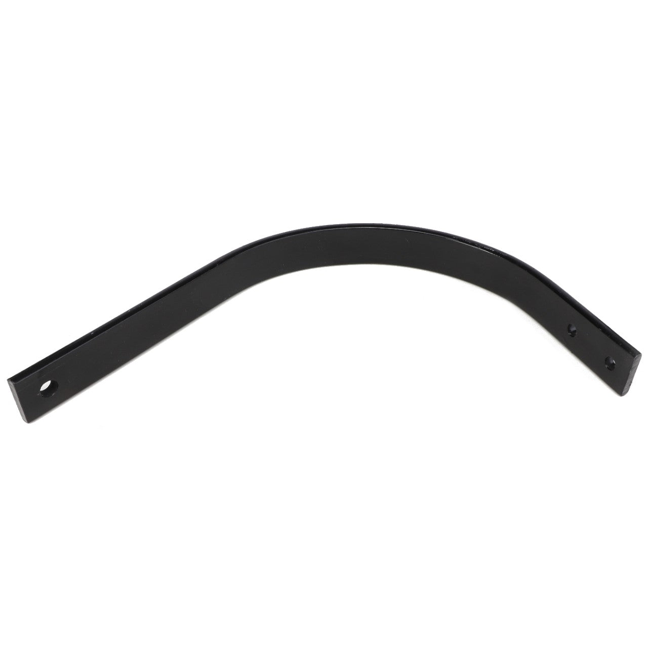 The AGCO | SPRING - E58035, a black metal bracket featuring a curved design and holes at both ends, is shown against a white background. Additional product details are currently unavailable.