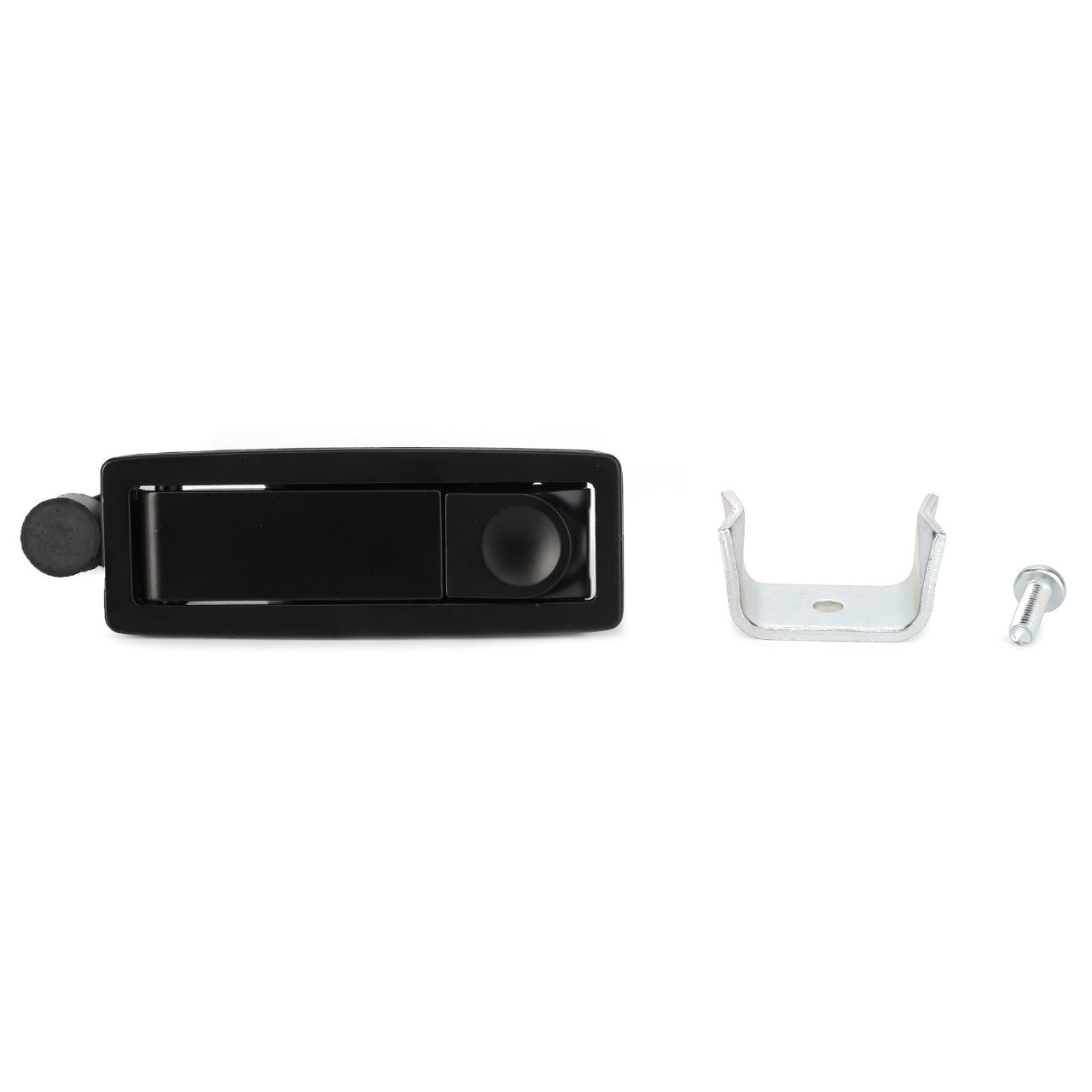 AGCO Catch - G737500021611: A black car door handle assembly compatible with Massey Ferguson tractors, featuring a separate metal bracket and screw, displayed on a white background.