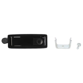 AGCO Catch - G737500021611: A black car door handle assembly compatible with Massey Ferguson tractors, featuring a separate metal bracket and screw, displayed on a white background.