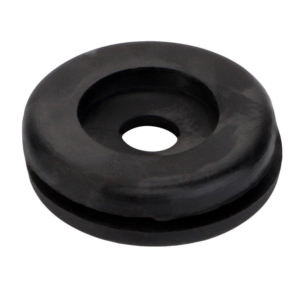 The AGCO | GROMMET - LA10396580 is a black rubber grommet featuring a central hole and a groove around its outer edge. More detailed product description information is currently unavailable.