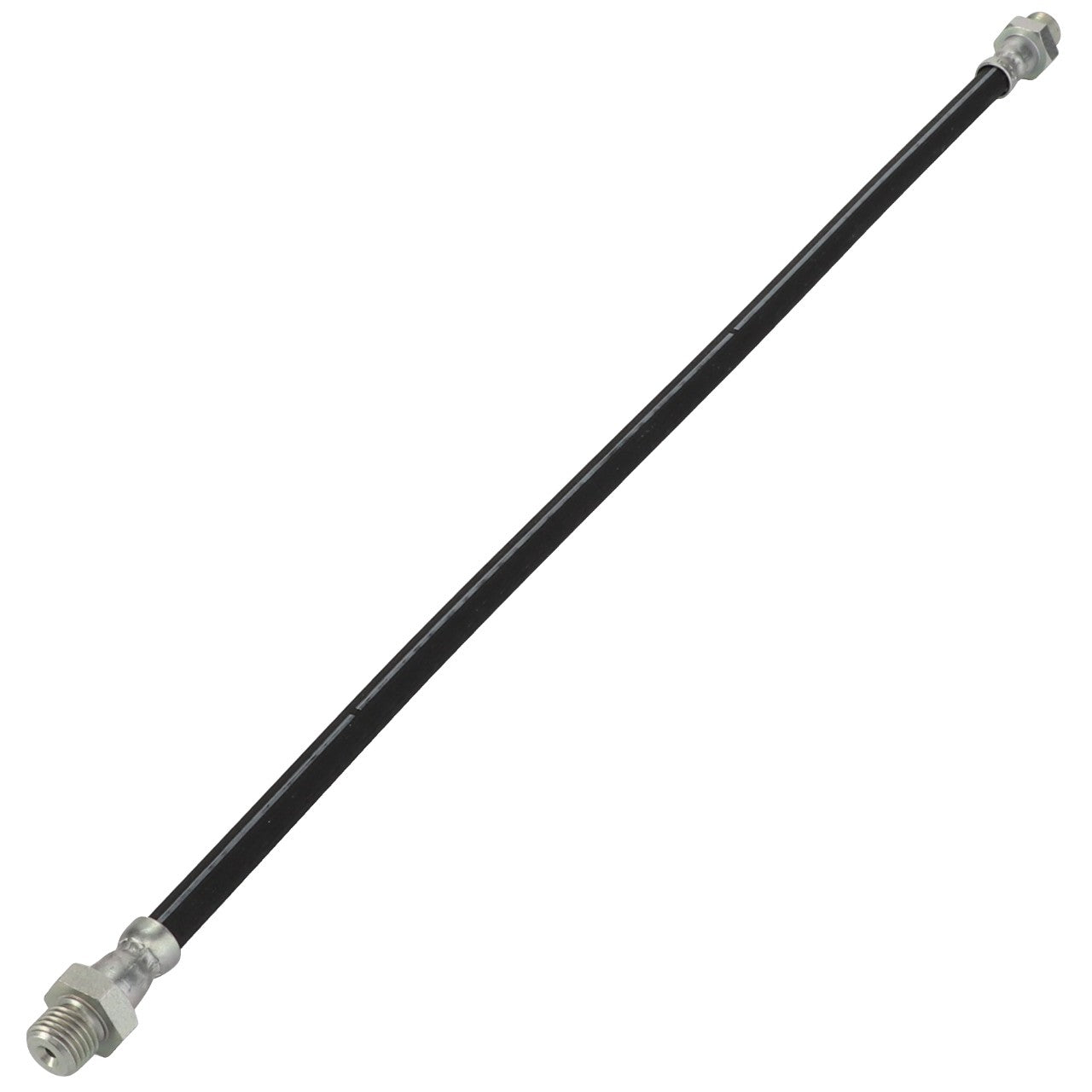 The AGCO | Hydraulic Hose - La300129214, a black, flexible rubber hose with metallic fittings at each end, ensures a secure and reliable connection.