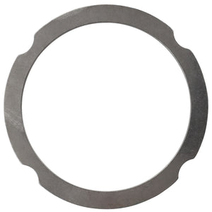 The AGCO Compensating Ring - F007200210270 is a metal washer featuring three circular notches evenly spaced around its outer edge.