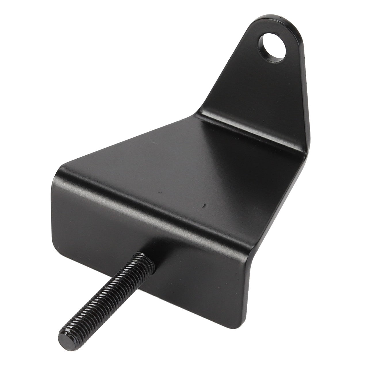 The AGCO Bracket - Acw6031000 is a black metal bracket featuring a threaded bolt extending from one side and a hole at the top for mounting. No current product description information is available.