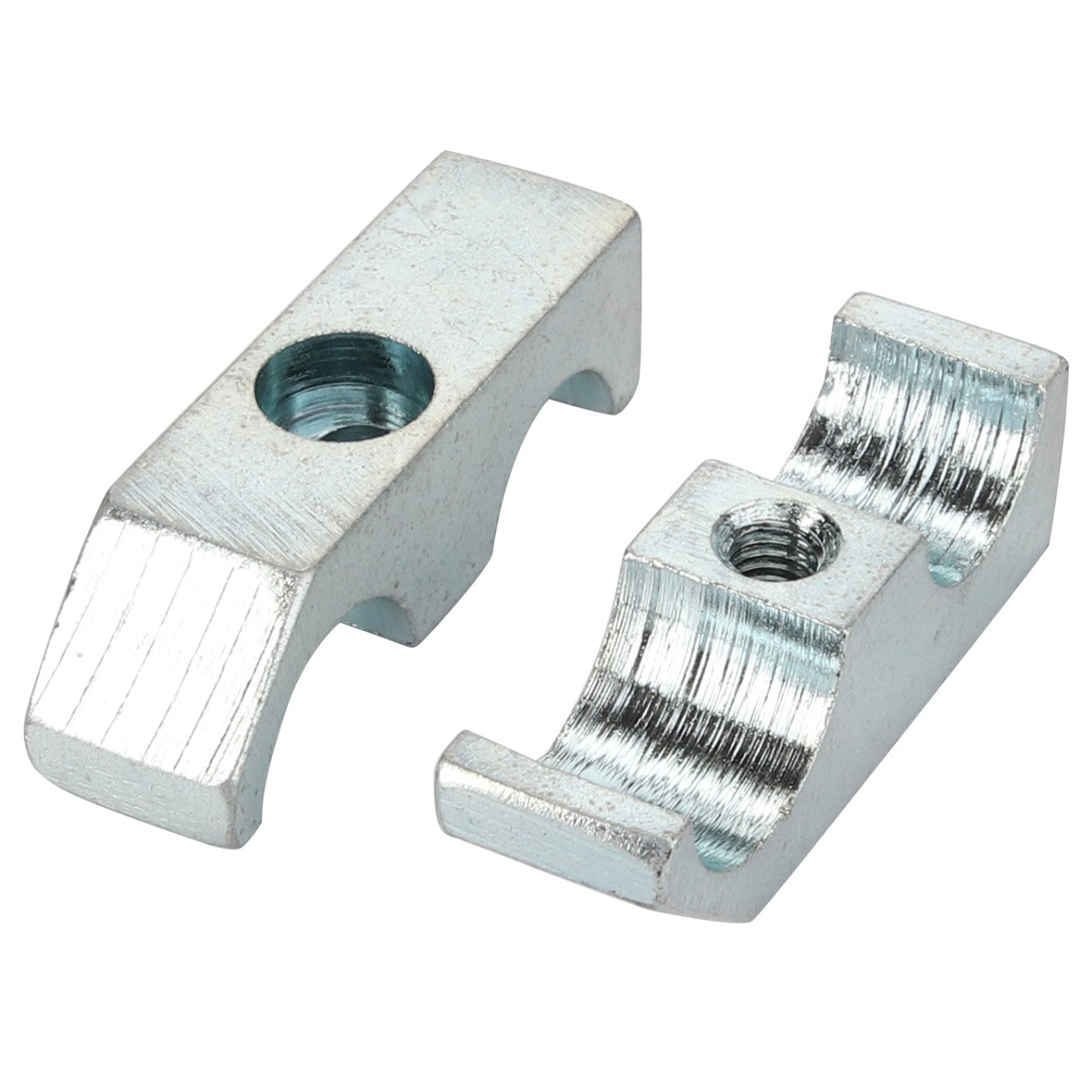 Two AGCO metal nuts, part number Acp0336980, are shown with one upright and the other lying on its side. Each nut features a central threaded hole and curved notches on both ends. Limited information is available for further description of this AGCO clamp product.