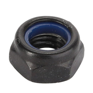 Close-up of the AGCO Hex Top Lock Nut - Acw7140140, a black hexagonal nylon-insert lock nut featuring a distinctive blue nylon ring inside.