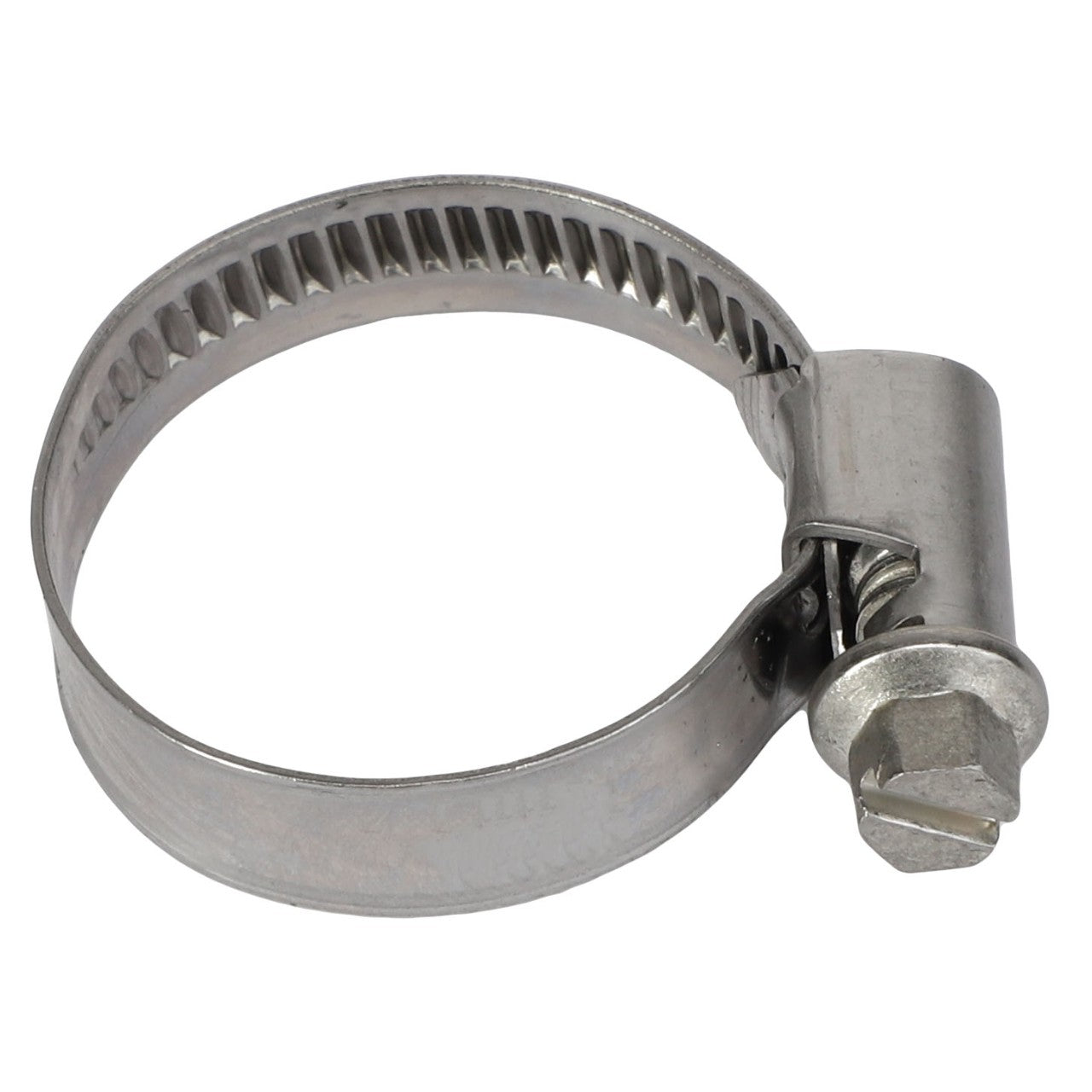 The AGCO Hose Clip - Acp0353430 is a silver metal hose clamp featuring a precision screw mechanism for tightening.