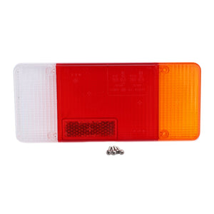 The AGCO Lamp Lens, Rear, Right Side - AG711448 is a rectangular vehicle taillight with red, white, and amber sections, featuring an AGCO Genuine Lens for enhanced durability and efficiency, and includes a set of three screws placed in front of it.