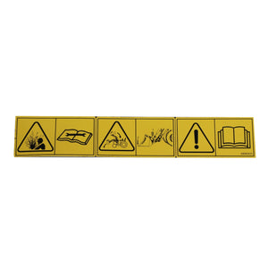 The AGCO DECAL - ACP0433180 offers a thorough product description, including yellow hazard signs to warn against entanglement, the necessity of reading instructions, graphics depicting a person being struck by an object, and a general caution symbol marked with an exclamation point. For further details or assistance, please reach out to our support team.