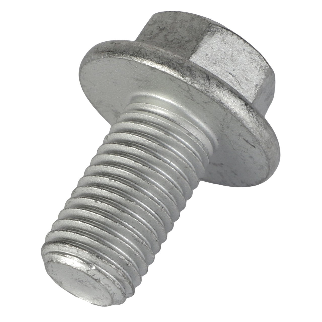 A close-up of the AGCO Hexagon Flange Bolt - 3009234X1, a silver metal bolt featuring a partially threaded shaft and a flanged hexagonal head.