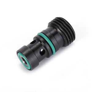 Close-up of a small, black cylindrical component with green O-rings and a threaded end, likely a fitting or connector used in industrial applications, compatible with Vario Gen6 Fendt models. This is the AGCO Change Valve - F210963020040.