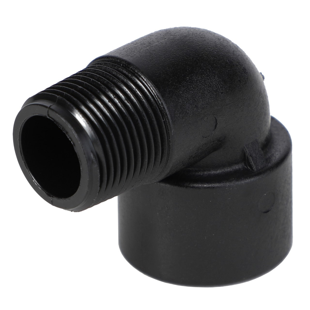 The AGCO | Street Elbow - Ag051164, a black right-angle plastic pipe fitting by AGCO, features a threaded male end and a smooth female end, designed for seamlessly connecting pipes.