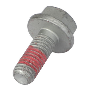 A close-up image of the AGCO Hex Flange Head Machine Screw - Acx3849540 displays a red sealant meticulously applied to its threads.