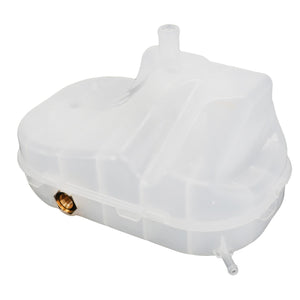 The AGCO Expansion Tank - Acx2563890, a white plastic automotive coolant reservoir, features a brass threaded outlet and multiple inlet/outlet ports. Currently, there is no additional product description information available.