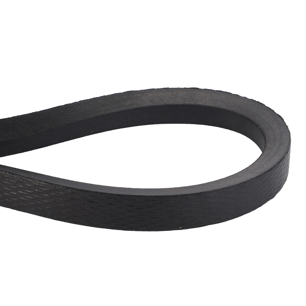 A close-up image of the AGCO Drive V-Belt for Grain Tank and Return Elevator (D41986100) in black, set against a white background, showcasing its design that ensures minimal noise and slippage for optimal performance.