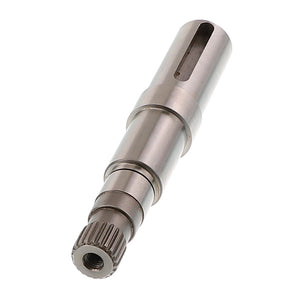 The AGCO | SHAFT - AG704032 is a finely crafted metallic cylindrical shaft with multiple grooves and a threaded end, showcasing precise machining and an exceptionally smooth surface finish.