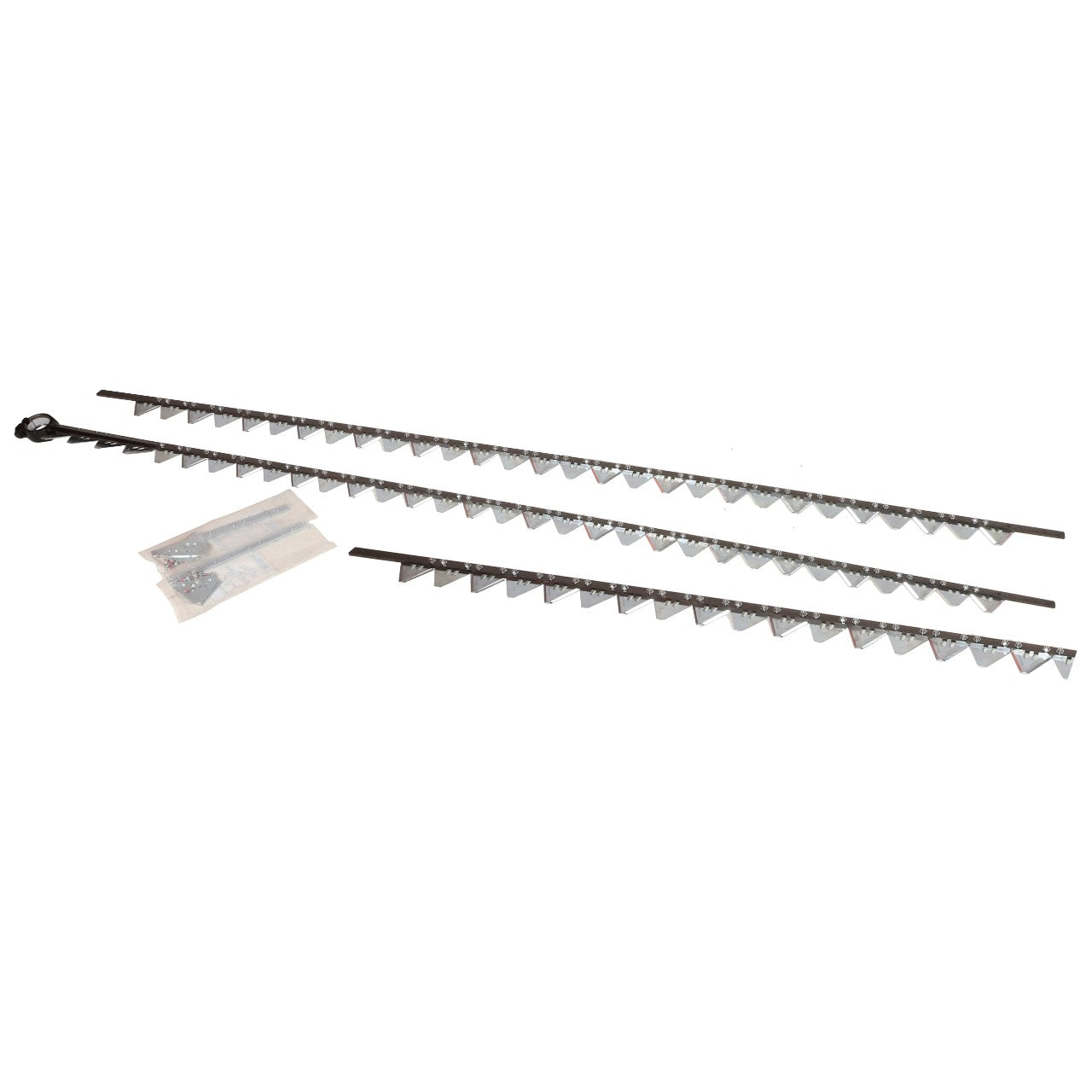 Three metal rack strips with serrated edges and a small plastic bag containing screws and mounting hardware are included in the AGCO | KIT, KNIFE - D28286573 by AGCO. Note: No current product description information available.