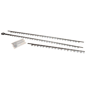 Three metal rack strips with serrated edges and a small plastic bag containing screws and mounting hardware are included in the AGCO | KIT, KNIFE - D28286573 by AGCO. Note: No current product description information available.
