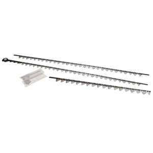 Three metal rack strips with serrated edges and a small plastic bag containing screws and mounting hardware are included in the AGCO | KIT, KNIFE - D28286573 by AGCO. Note: No current product description information available.