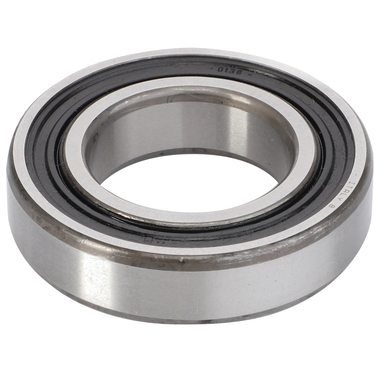 The AGCO Ball Bearing - La24905100 is a high-quality metallic ball bearing from AGCO, featuring an inner and outer ring, a smooth polished surface, and black seals on both sides. It is designed to efficiently manage both radial and axial loads.