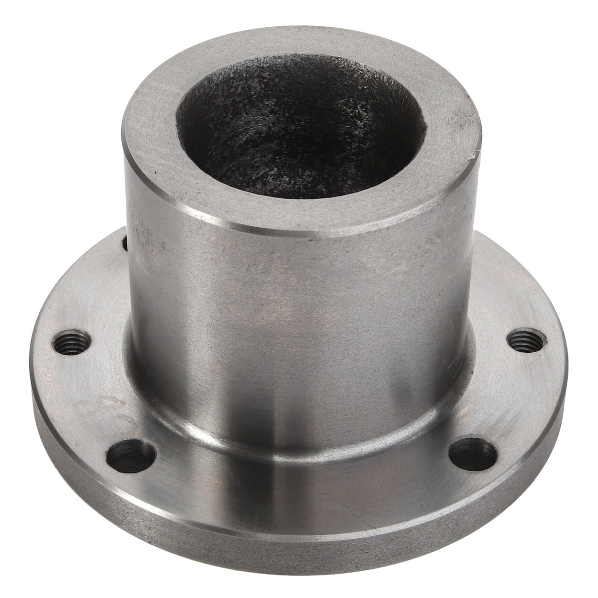 The AGCO | PIN - D46150597 is a metal cylindrical pipe fitting with a flanged base, featuring four evenly spaced bolt holes. The polished steel surface shows slight internal wear. Please note: there is no current product description information available beyond this summary.