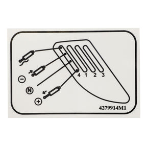 Diagram showing electrical connections on a device, labeled with four slots numbered 1 through 4, and symbols for positive, negative, and neutral. The AGCO Decal for Hydraulic Controls (part number 4279914M1) is displayed in the corner alongside AGCO Parts Genuine Decals, ensuring authenticity and durability for your agricultural engineering needs.