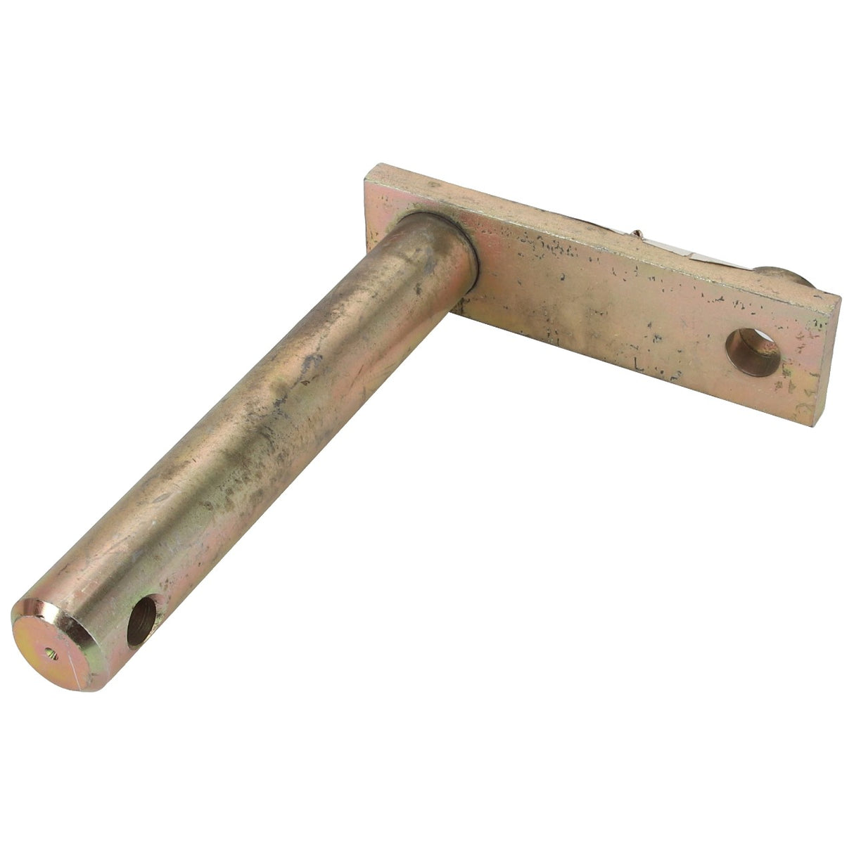 The AGCO | PIN - AL337914 is a metal L-shaped bracket with a cylindrical pin extending from one end and a hole on the shorter flat end. Currently, no product description information is available.