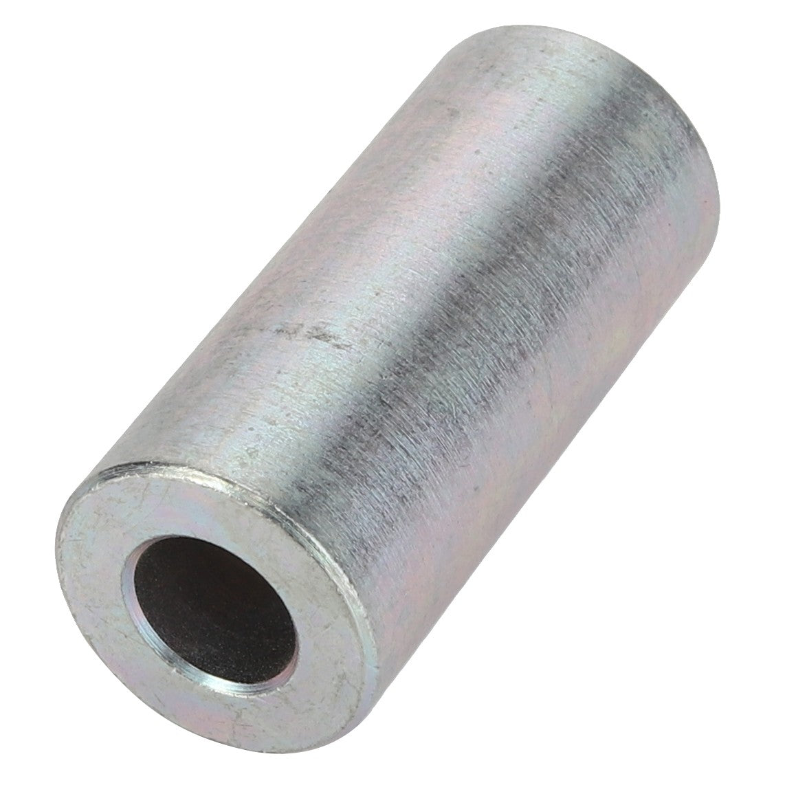 AGCO's Bush - Acp0435400, a silver cylindrical metal spacer with a central hollow hole, viewed from a slight angle, highlighting its sleek and polished design.