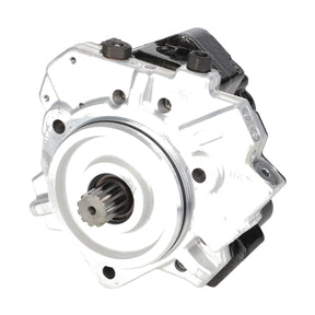The AGCO High Pressure Injection Pump - F530200710230 is a compact, metallic automotive part featuring a gear-like structure at the center. It includes several holes and protrusions, likely intended for mounting or connections.