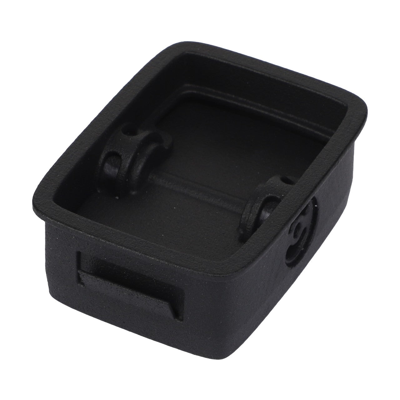 The AGCO Shutter - Acx3293040 is a black plastic rectangular clip, featuring an open central compartment and two internal hinges, designed for attachment to another object. No additional product description information is currently available.