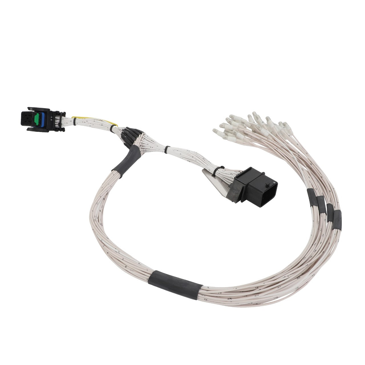 The AGCO Harness - Act0053980 is a bundle of white cables with a black connector on one end and multiple smaller connectors on the other. No current product description available.