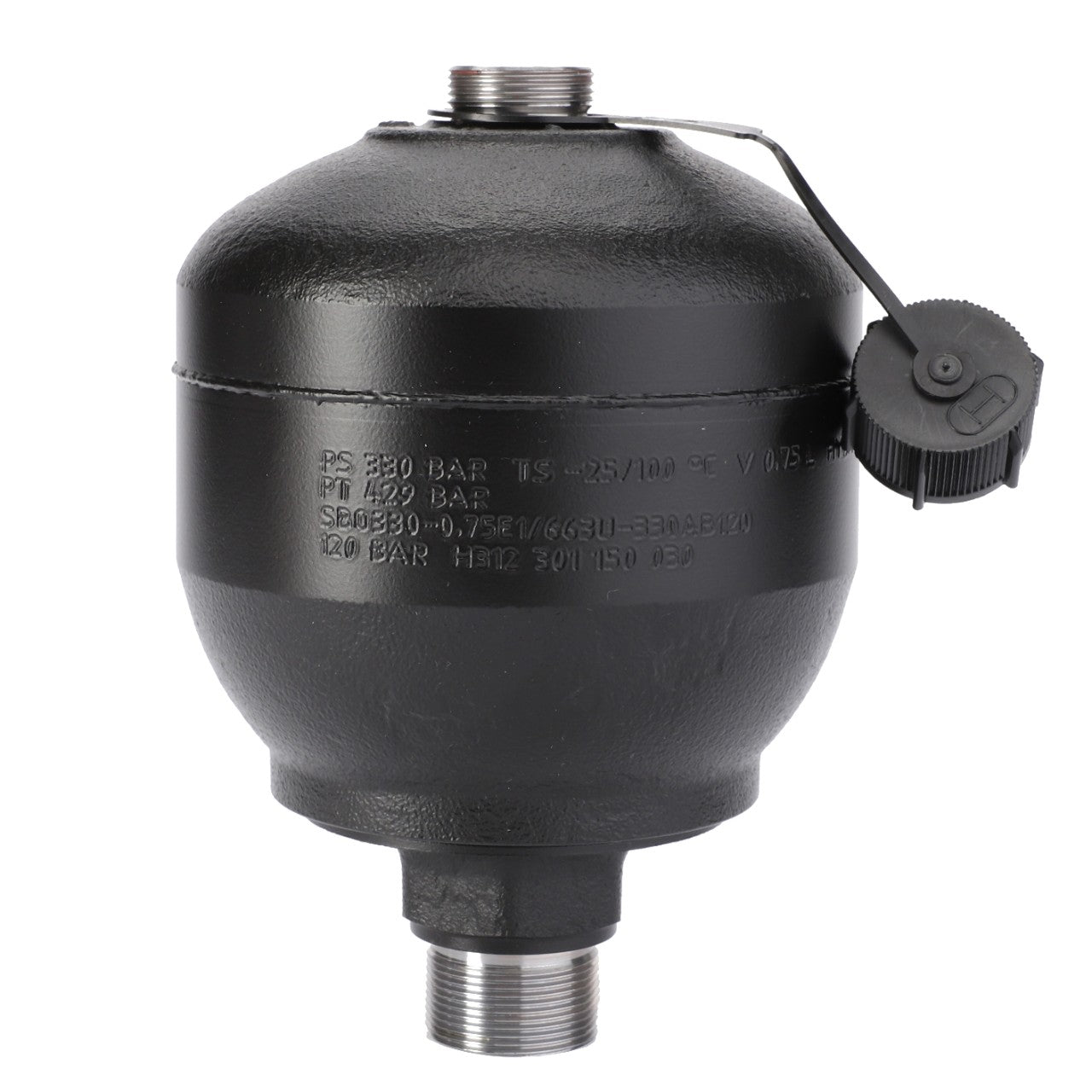 The AGCO | Diaphragm Accumulator, 0.75 L - H312301150030, a black metal pressure vessel often utilized in Fendt models, is equipped with threaded nozzles on the top and bottom. It features text inscriptions and comes with a black cover cap attached by a tether. These hydraulic accumulators from AGCO Parts guarantee reliable performance in demanding applications.