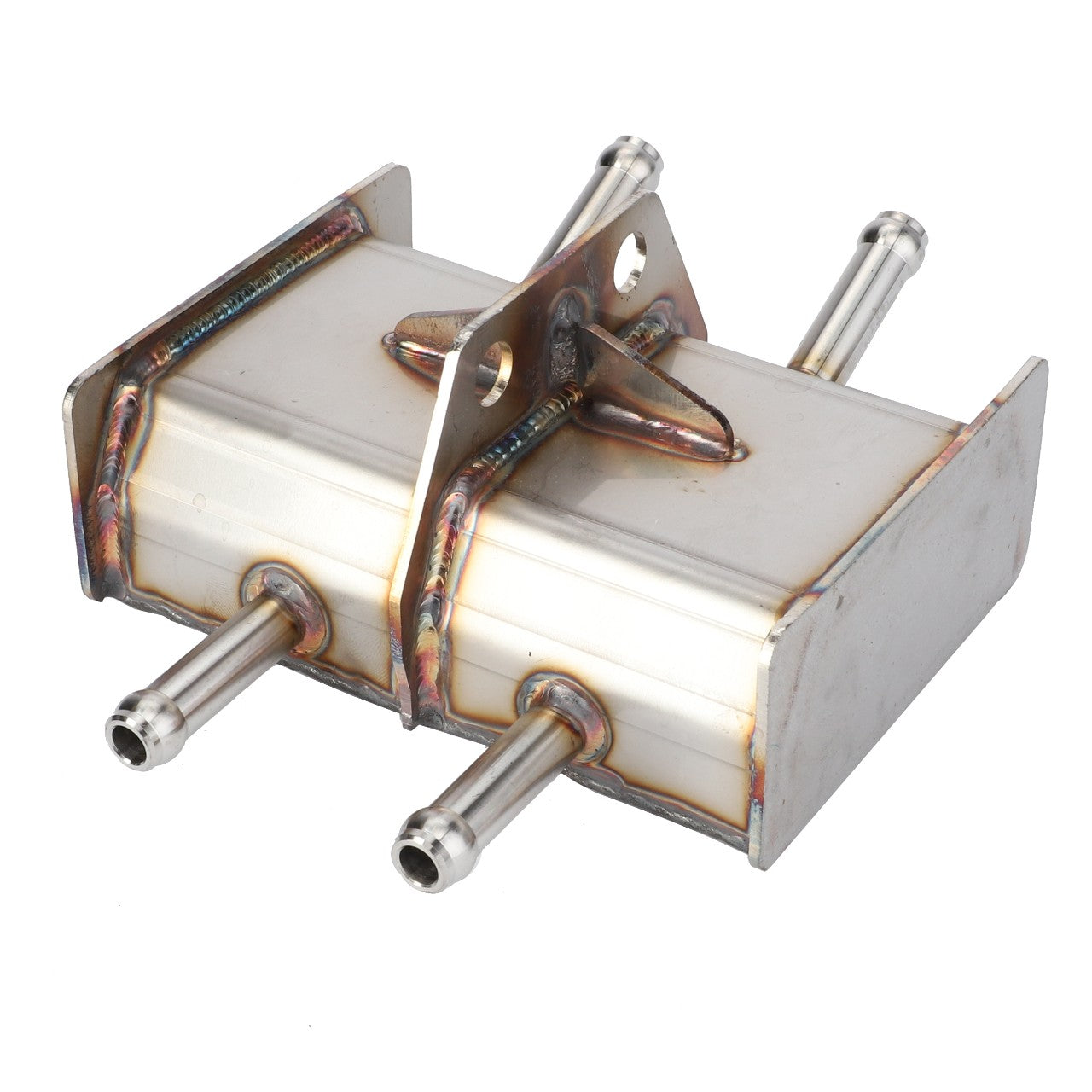 The AGCO Tank (part number 4390534M2) is a rectangular metal component with welded seams, featuring two cylindrical protrusions on each side and a central mounting bracket, suitable for Fendt Models.