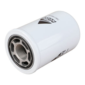 The AGCO Hydraulic Filter Spin On - 700738686 is a cylindrical white oil filter with metal threading and apertures on one end, featuring black text and graphics on its side, designed to extend component life.