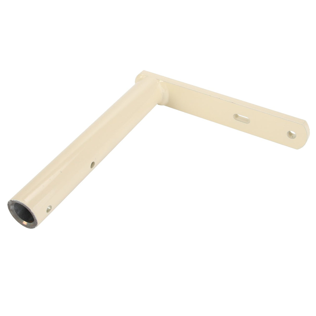 The AGCO | LEVER - D28284225 by AGCO is a beige metal bracket featuring a cylindrical arm that extends from a flat base with two holes for mounting. This product currently has no additional description information available.