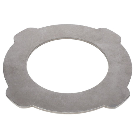 The AGCO Plate - Acp0287450 is a flat, circular metal washer featuring a large central hole and four small raised sections around the outer edge. No current product description is available.