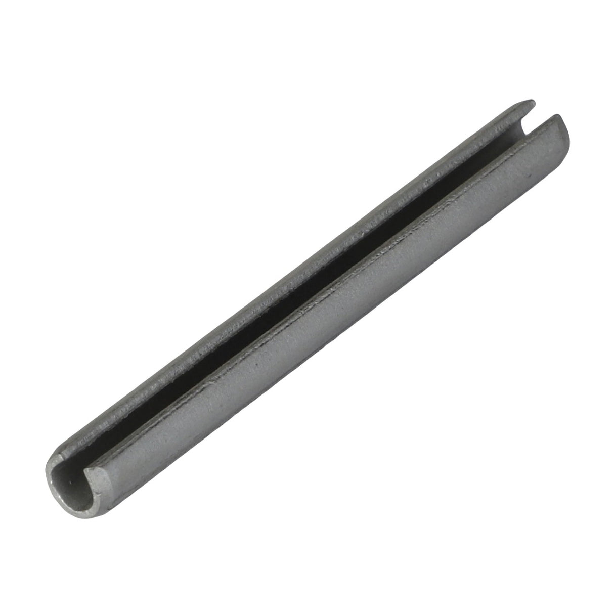 The AGCO Roll Pin - Fel107456 is a cylindrical metal spring pin featuring a longitudinal slit, designed to fit securely into a hole while providing a flexible fastening solution.