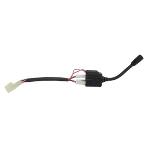 The AGCO Stalk Switch (product code 3905587M1) is a black wired electric connector with two distinct ends: one end featuring a white plug and the other end with a black cylindrical component, making it ideal for use in MF 375 machinery.