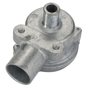 Close-up view of an AGCO Bleeder Valve - F214202210430, a metallic mechanical part with two threaded holes and three cylindrical openings, currently without a product description.