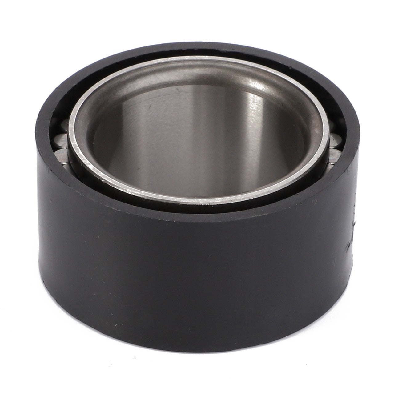 The AGCO Ball Bearing - F411301021270 features a metal roller element enclosed within a black, cylindrical outer casing. This design effectively manages both radial and axial loads.