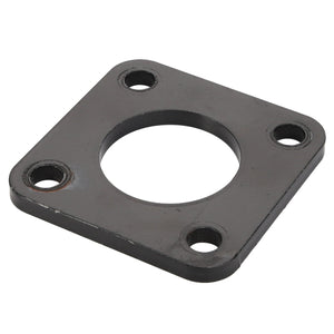 The AGCO | SPACER - AG236673 is a black metal square plate featuring a large circular hole in the center and four smaller holes, one in each corner. No current product description information is available.