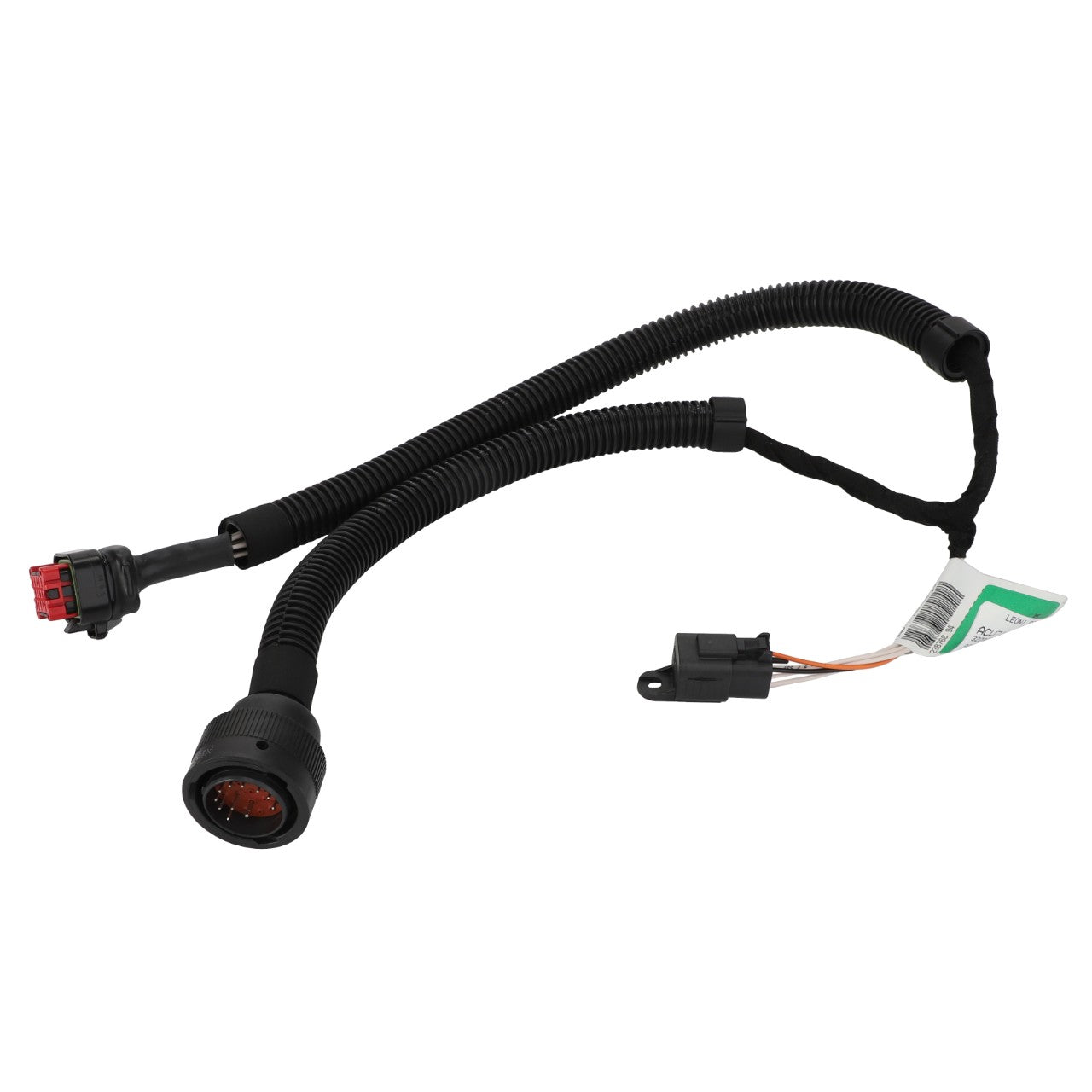 The AGCO Auto-Guide Wire Harness (Acw716136C) features a sheathed wire with two connectors: one circular connector equipped with multiple red pins and another rectangular connector with a red clip. Further specific model or variation details are currently unavailable.