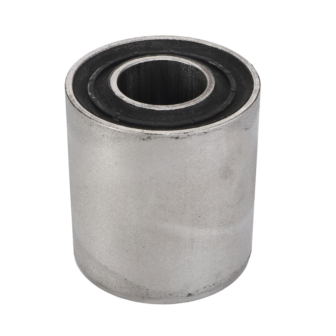 Close-up of the AGCO RUBBER BUSH - D46481600, a cylindrical metal bushing featuring a black rubber inner lining, designed for use as a mechanical component in machinery or vehicles.