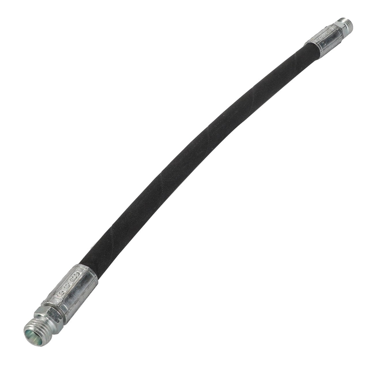 A flexible black rubber hose with metallic connectors on both ends, known as the AGCO | Hydraulic Hose - Acw1713990 by AGCO.