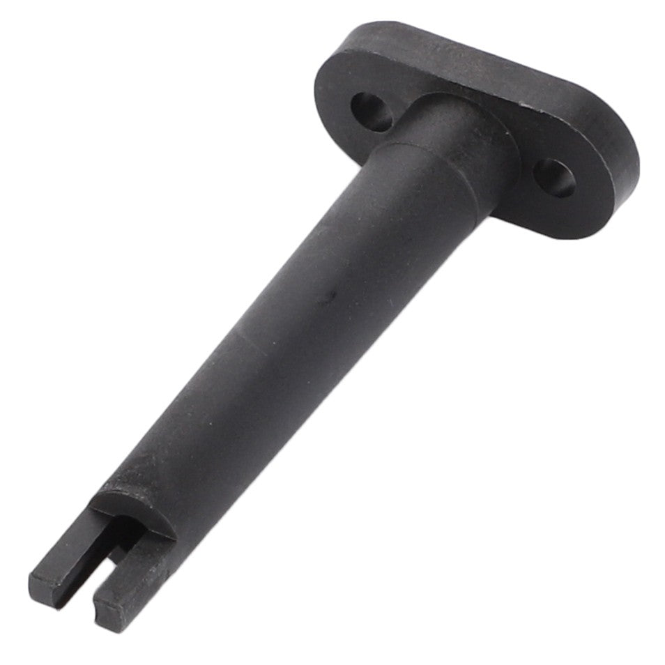 AGCO | Sensor - F350300020270 is a black cylindrical metal object with a flat base and two holes. The other end features two prongs, creating a Y-shape.