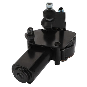 The AGCO | Wiper Motor - 4279886M2 is a black motorized mechanical part featuring a cylindrical body, electrical connectors, and mounting brackets.