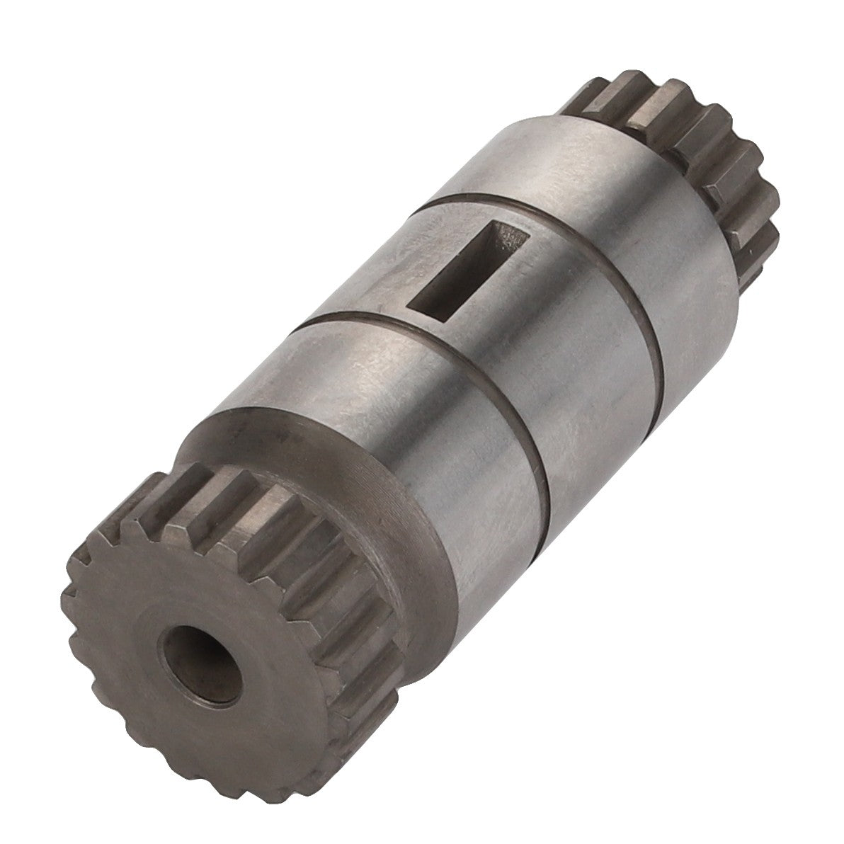 A product by AGCO, the "SHAFT - D46150420," is a cylindrical metal gear featuring two sets of teeth on either end and a central, smooth section with a precisely crafted rectangular slot.