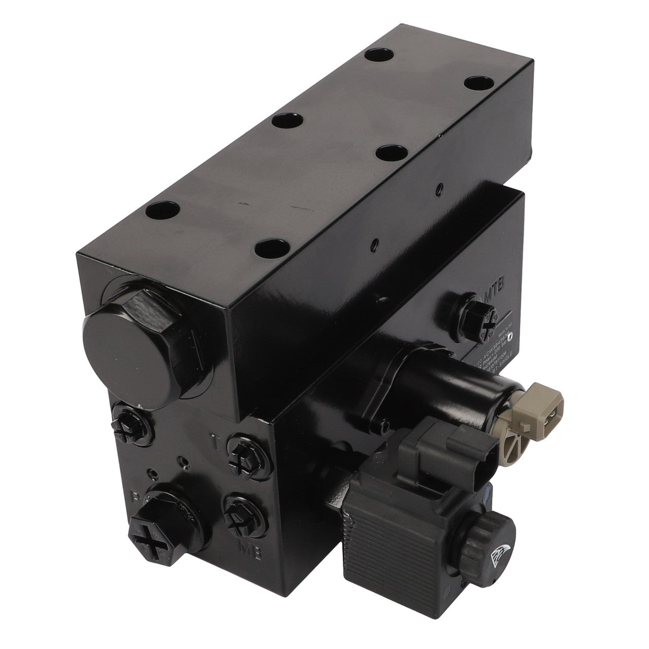 The AGCO Trailer Brake Valve - Acw384363C is a black hydraulic control valve featuring various knobs, fittings, and connection ports. It has a rectangular body with multiple screw holes on top. No current product description information is available.