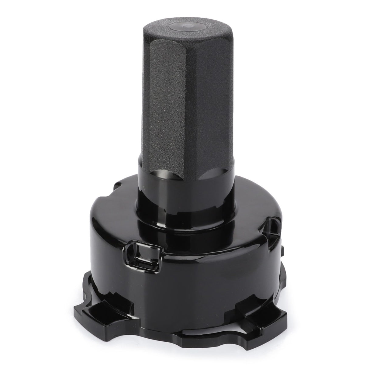 The AGCO | Protection - 3790901M3 is a black automotive hub lock featuring a hexagonal grip and circular base, designed for engaging and disengaging the locking mechanism of a vehicle's hub, and is compatible with Massey Ferguson power take off components.